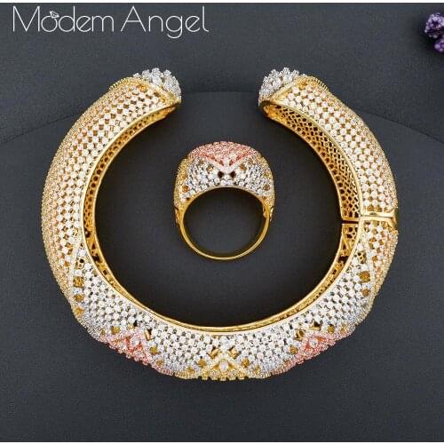 Luxury Ginkgo Leaf Nigeria Bangle Ring Set Jewelry Set For Women Wedding Cubic Zircon Crystal CZ Dubai Bridal Jewelry Sets