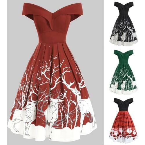 Christmas Off-Shoulder One-Shoulder V-Neck Fashion Vintage Dress Printing Short Sleeve Evening Party Dress For Women
