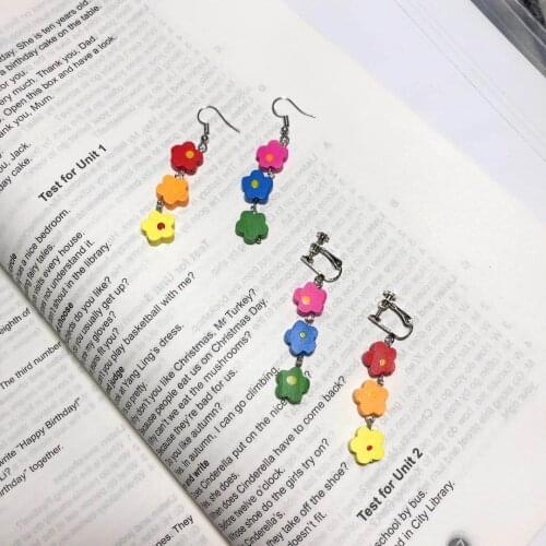 Kawaii colorful flower wood long drop earrings for y2k girls harajuku style clip-on earrings without piercing korean cute