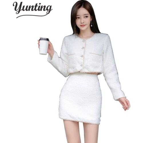 Fall Winter Tweed Women 2 Piece Set 2020 High Quality Runway Warm Pearl Jacket Coat + Mini Skirt Suits