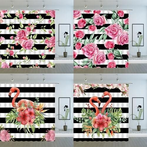 Flower Plant Shower Curtains Spring Floral Plants Black and White Geometric Stripes Pattern Bathroom Decor Cloth Curtain Set