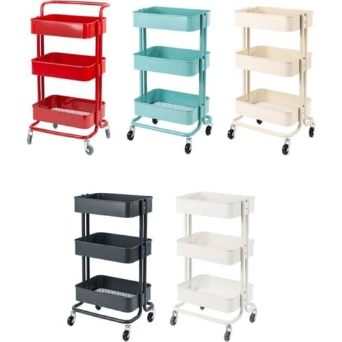Fashion Creative 3 Tiers Carbon Steel Household Living Room Storage Rack Stroller Rolling Trolley Kitchen Organizer With 4 Wheel
