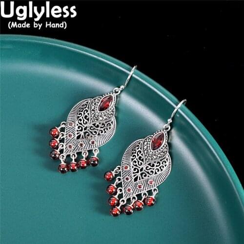 Uglyless HOT Island Style Garnet Balls Tassels Earrings Women Peacock Feather Earrings 925 Silver Brincos Hollow Jewelry Retro