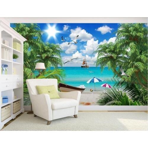 Waterproof wallpaper Sea view beach coconut tree wallpaper for walls 3 d sofa living room Background wall mural wallpaper 3d