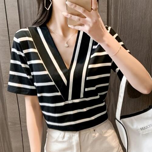 Fashion New stripe V collar Tops Women Casual Short Sleeve Tees Summer Splicing Woman T-shirt black White stripe T-shirt top