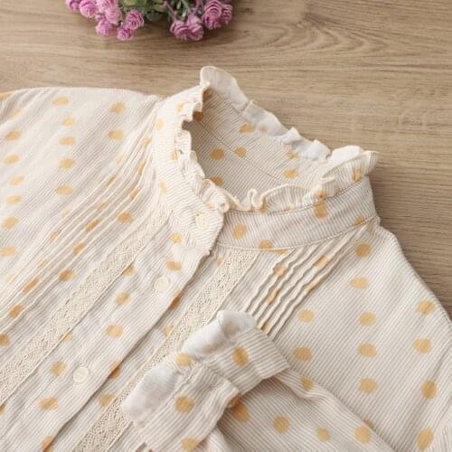 Lamtrip Unique Pleated Lace Stitch Ruffled Collar Polka Dots Print Long Sleeve Shirt Blouse2021 Elegant Mori Girl