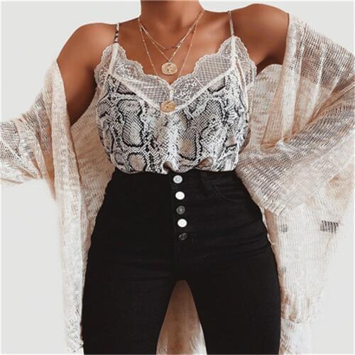 Fashion Women Summer Lace Top Leopard Snake Print Tank Elegant Sleeveless V Neck Vest Ladies Sling Strappy Tops T-shirt