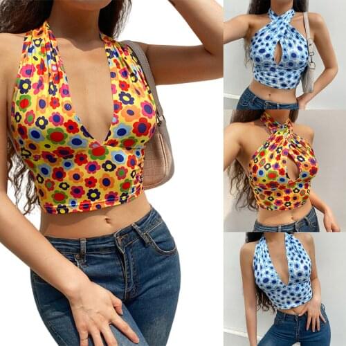 2021 New Women Close-fitting Sexy Vest, Floral Printed Pattern Sleeveless Deep V-neck Crop Tops, Blue/ Yellow