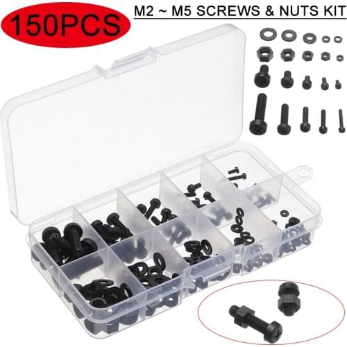 150pcs M2 M2.5 M3 M4 M5 Nylon Hex Screw Bolt Nut Standoff Spacer Assortment Kit Non-magnetic Black