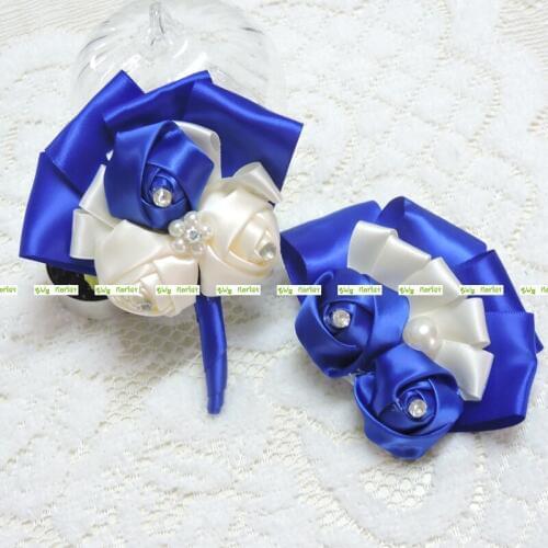 2pcs Handmade Silk Crystal Artificial Rose Bride Groom Corsage Brooch Flower Wedding Church Decor Royal Blue F5083