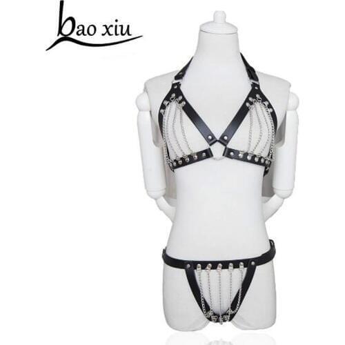 2020 NEW Punk Goth Sexy Real Leather Harness Collar metal tassel Choker Bra Frame Top Body Bondage Cage Belt Straps Rivets