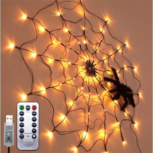 3.25FT Diameter 70LED Halloween Spider Web Net Lights Halloween Orange Net Mesh Lights For Outdoor Garden Indoor Wall Decor