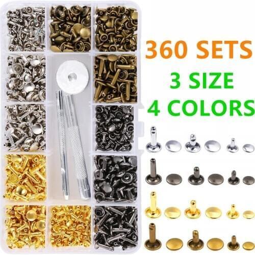 360 Sets Leather Rivets Double Cap Rivet Tubular Metal Studs with Punch Pliers Fixing Set Tools for DIY Leather Craft Rivets Rep