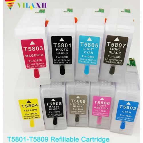 Vilaxh pro 3800 9pcs 9color T5801-T5809 Empty Refillable Ink Cartridge For epson Stylus pro 3800 printer ink with chip