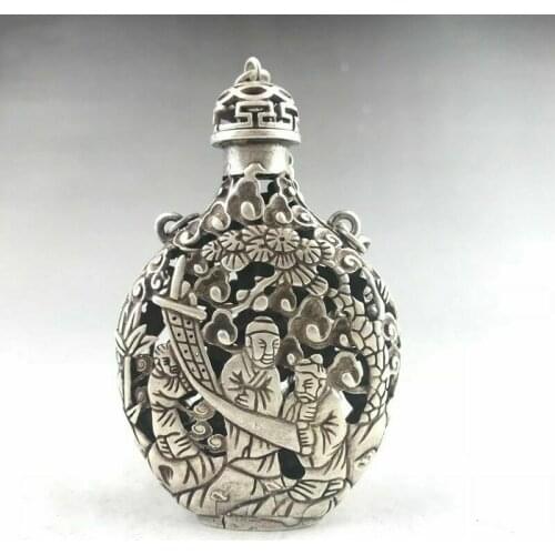 CHINESE TIBETAN SILVER COPPER SNUFF BOTTLE HAND-CARVED CHILDRENS PATTERN s