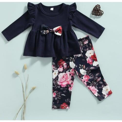 6M-2Years Girl’s T-shirt and Trousers Suit Fashion Solid Color Bow Long Sleeve Tops and Flower Long Pants