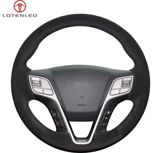 LQTENLEO Black Suede Hand Sewing Car Steering Wheel Cover For Hyundai Santa Fe 2012-2018 H350 2015-2019 Grand Santa Fe 2013-2018