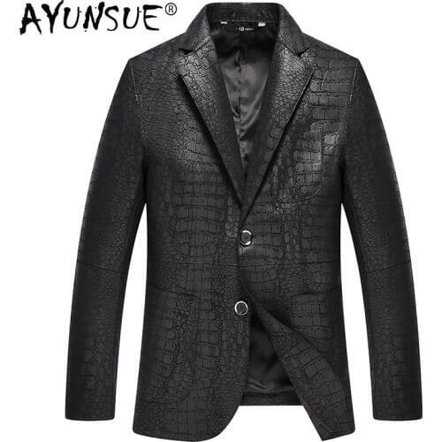 AYUNSUE Genuine Leather Jacket Men New Crocodile Pattern Sheepskin Coat for Men Spring Fall Suit Collar Leather Jackets 4066