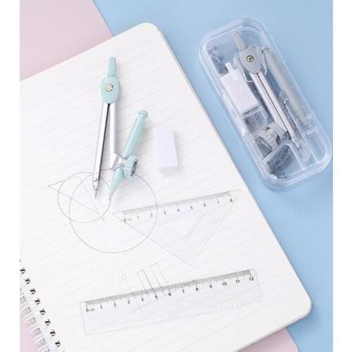 Students Math Drawing Kit with Compasses Protractor Triangle Ruler Mechanical Pencil Eraser Box Storaged for Math Class