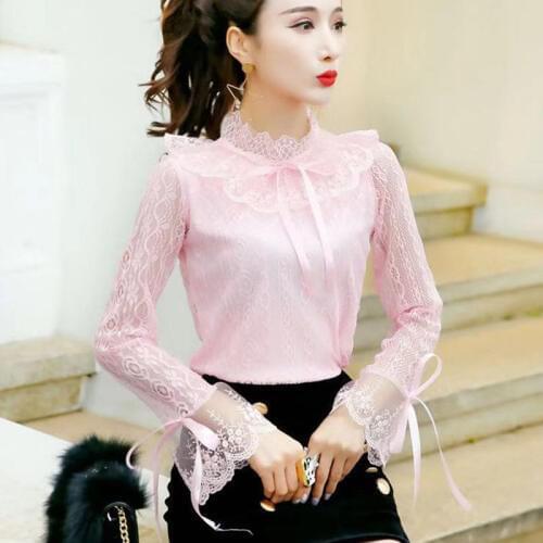 New Spring Autumn Women Lace Blouse Sweet Tie Bow Lace Shirt Female Ruffles Long Sleeve Mesh Blouses Short Bottoming Tops DD2378