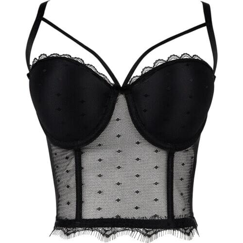 New In Sexy Lace Mesh Crop Top Mujer Summer Slim Push Up Bralette Bra Cropped To Wear Out Corset Tops Female Cami Clothes DB1055