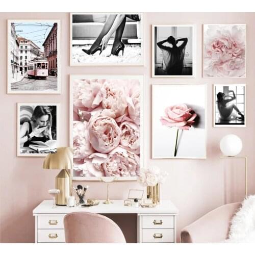 Nordic Fashion Men And Women Photo Printing Posters Pink Rose Peony Street Canvas Oil Painting Wall Art Living Room Decoration