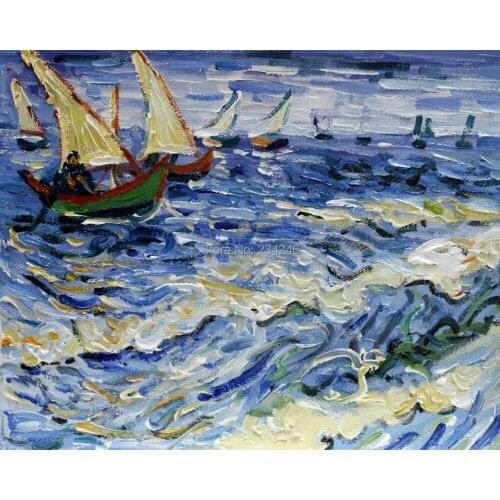 Handpainted Seascape Oil Painting - Seascape at Saintes Maries De Lamer Van Goghs Oil Painting on Canvas Unframed
