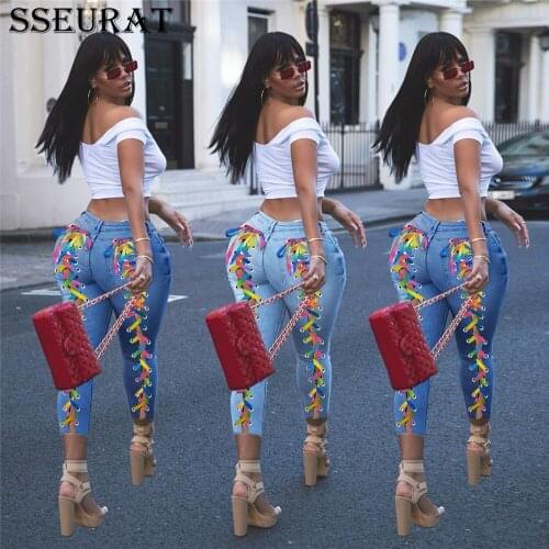 SSEURAT Women Jeans Criss-cross Lace Up Hole Sheath Elastic High Waist Long Pencil Denim Pants Fashion Trousers 2021