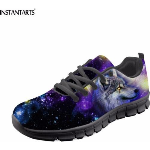 INSTANTARTS Women Flats 3D Galaxy Universe Star Animal Wolf Lion Pattern Student Comfortable Lace Up Sneakers Womans Flat Shoe