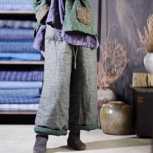 Johnature Women Gray Wide Leg Pants Thick Elastic Waist Trouser Warm 2020 New Belt Pockets Vintage Female Loose Original Pants