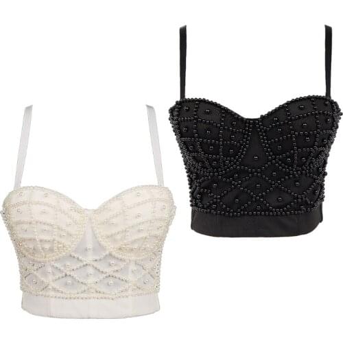 Women Sexy Spaghetti Strap Bustier Bra Imitation Pearl Beaded Push Up Camisole Vest Club Party V-Neck Corset Crop Top