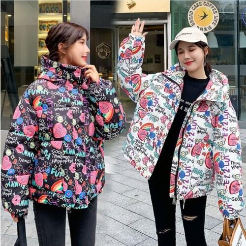 Winter Clothes Fashion printing Women Jackets Thicken Streetwear Oversized Parkas Sweet Girl Female Graffiti Warm Coats Top