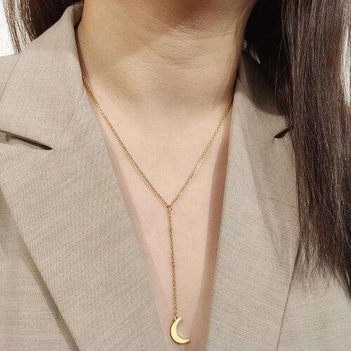 DOTIFI For Women Necklace Long Chain Delicate Moon Gold Color Stainless Steel Pendant Necklace Engagement Jewelry Gift
