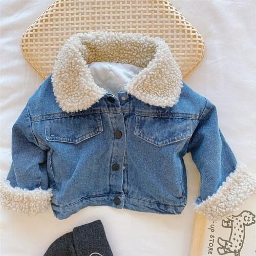 Girls Lamb Wool Denim Jacket Coat for Childrens Clothes 2021 Winter Baby Thick Single-breasted Long-sleeved Warm Tops Outwear