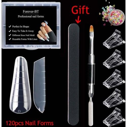 120pcs Nail Forms Full Cover Quick Building Mold False Tips Art UV Extend Gel Nails Extension with Dual-Ended Brush 5pcs clip