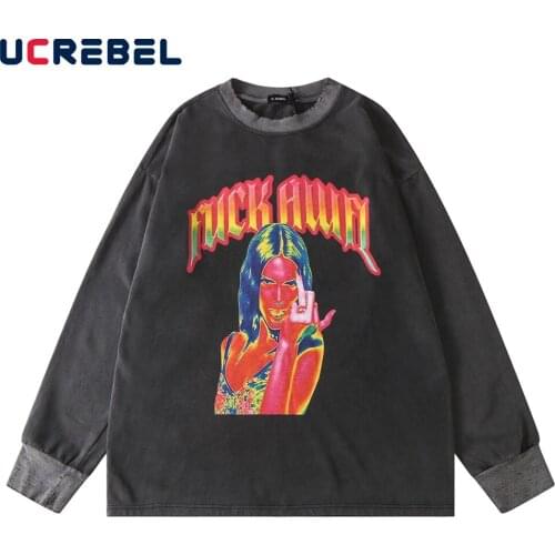 Character Portrait Print Sweatshirts Mens High Street Autumn Casual Loose Distressed Long Sleeved Crew Neck Pullover Men