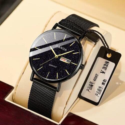 Hot 2021 Jinfengda Brand Mens Mesh Watch Starry Sky Quartz Watch Waterproof Trend Double Calendar Male Student Table