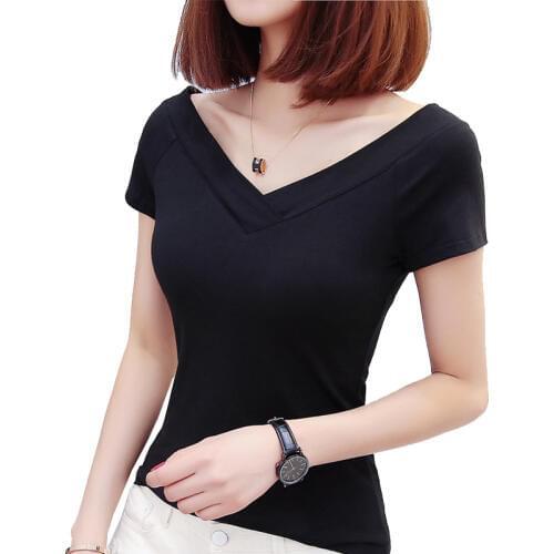 Low collar black T-shirts female short-sleeved V-neck Slim sexy backless large neckline T-shirt womens 2019 new summer tops