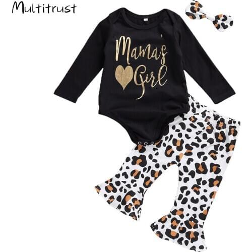 Newborn Baby Girl Clothes Long Sleeve Letter Romper Leopard Flared Pants Headband 3pcs Outfit Fall Winter Casual Set 0-18M
