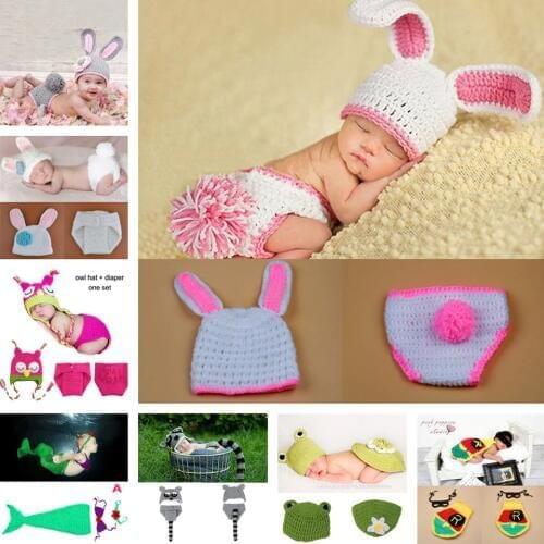 Lovely Crochet Bunny Rabbit Hat&Pants Set Baby Girl Photo Photography Props Knitted Newborn Costume 1set MZS-15019