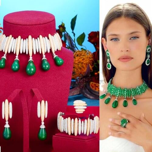 Blachette Luxury Emeralds 4PCS Waterdrop Big Necklace Earrings Bangle Ring 4PCS Womens Wedding Dubai Indian Bridal Jewelry Sets