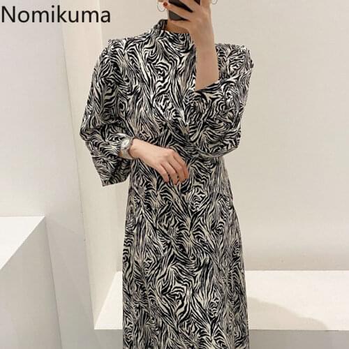 Nomikuma Korean Chic Vintage Dress Women Printed Half Turtleneck Long Sleeve Slim Waist Dresses Elegant Fashion Vestidos Mujer