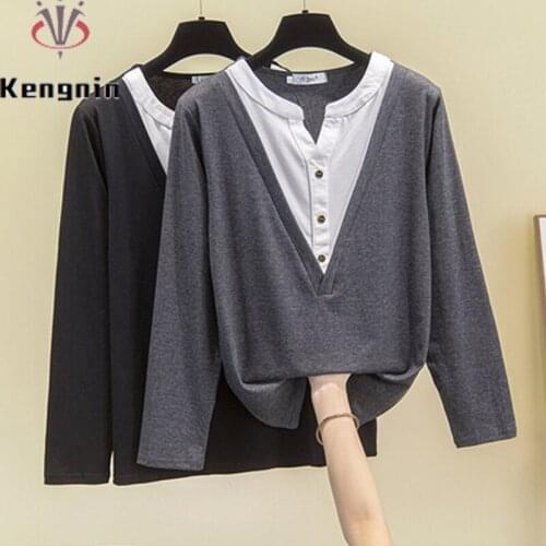 Loose Oversize Womens Tops Autumn Winter V-Neck Long Sleeve Female Tees Fake Two Piece Normal Thick Ladies Pullovers KE1760