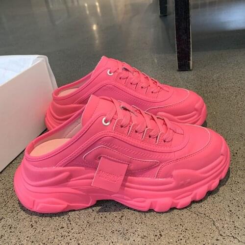 Women Half Shoes Sneakers 2021 Summer Leather High Heels Slippers Casual Lace Up Woman Sneakers Shoes Fashion Summer Slippers