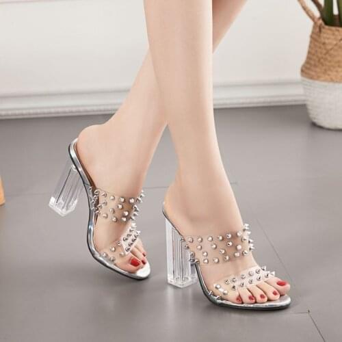 2021 New Women crystal clear transparent sandals slippers women fashion rivets block high heels slide chunky mules wedding shoes