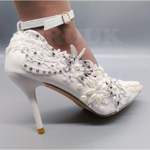 Ankle straps sexy point toes womens bridal wedding shoes luxury ivory lace pearls crystal silver bling stones wedding pumps