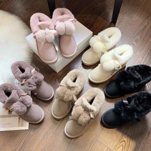 Female Bowtie Warmer Plush Suede 2019 Women Snow Boots Winter Fur Ankle Boots Flat Slip On Fashion Platform Ladies Shoes O4-43