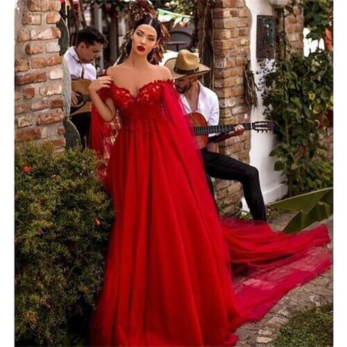 2020 Red Prom Dresses With Cape A Line Lace Appliques Cheap Evening Dress Party Wear Custom Made Formal Occasion Gowns