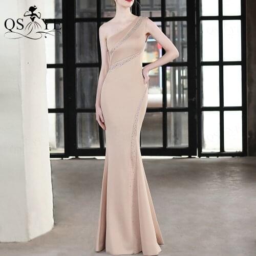 Champagne One Shoulder Evening Dresses Mermaid Long Prom Gown Fit Party Dress Beading Sequin Formal Gown Side Zipper Women Dress
