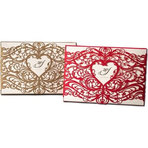 100Pcs Gold or Red Laser Cut Wedding Invitations Cardstock Kit with Envelope, Printable Birthday Party Invites with Heart Design